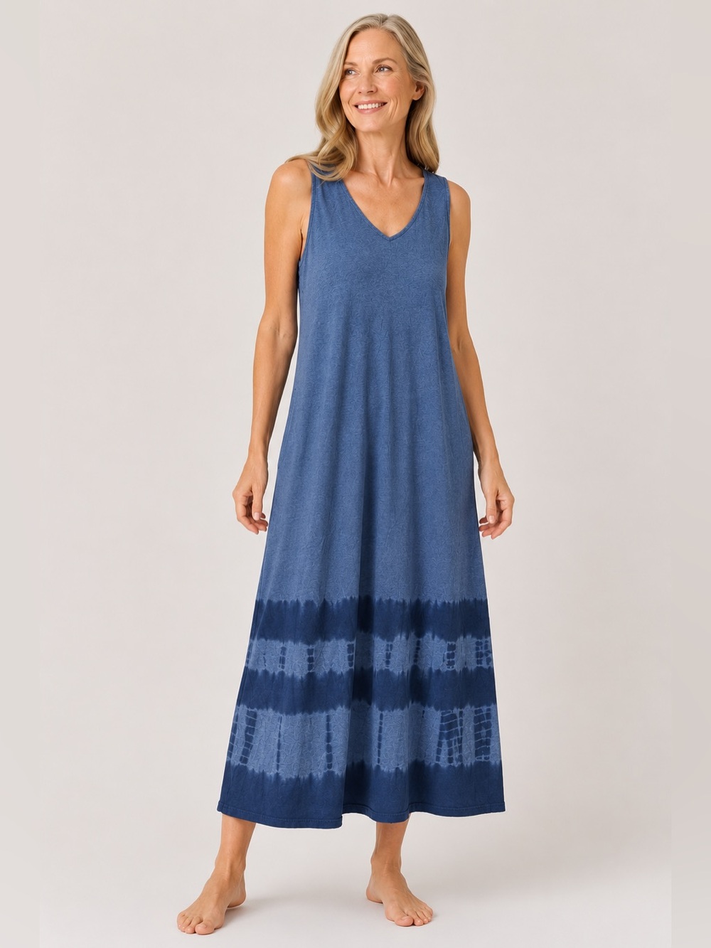 J.Jill Pure Jill Blue Tie-Dye Maxi Dress Medium 100% Cotton Sleeveless V-Neck